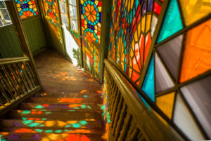 Georgia, Tbilisi, Old Town, traditional Georgian building with stained-glass staircase Georgia, Tbilisi, Old Town, traditional Georgian building with stained-glass staircase